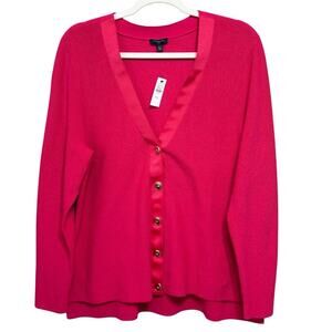 Talbots Petite Ribbon Trim V-neck Cardigan Size XLP Bright Pink Ribbed Knit NEW